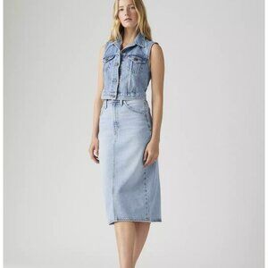 New Levi's 27 Premium High Rise Slit Denim Skirt Riveting Clean Hem Light Wash